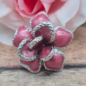 Silver Tone & Pink Enamel Large Statement Flower Ring Size 7 Fashion Cocktail